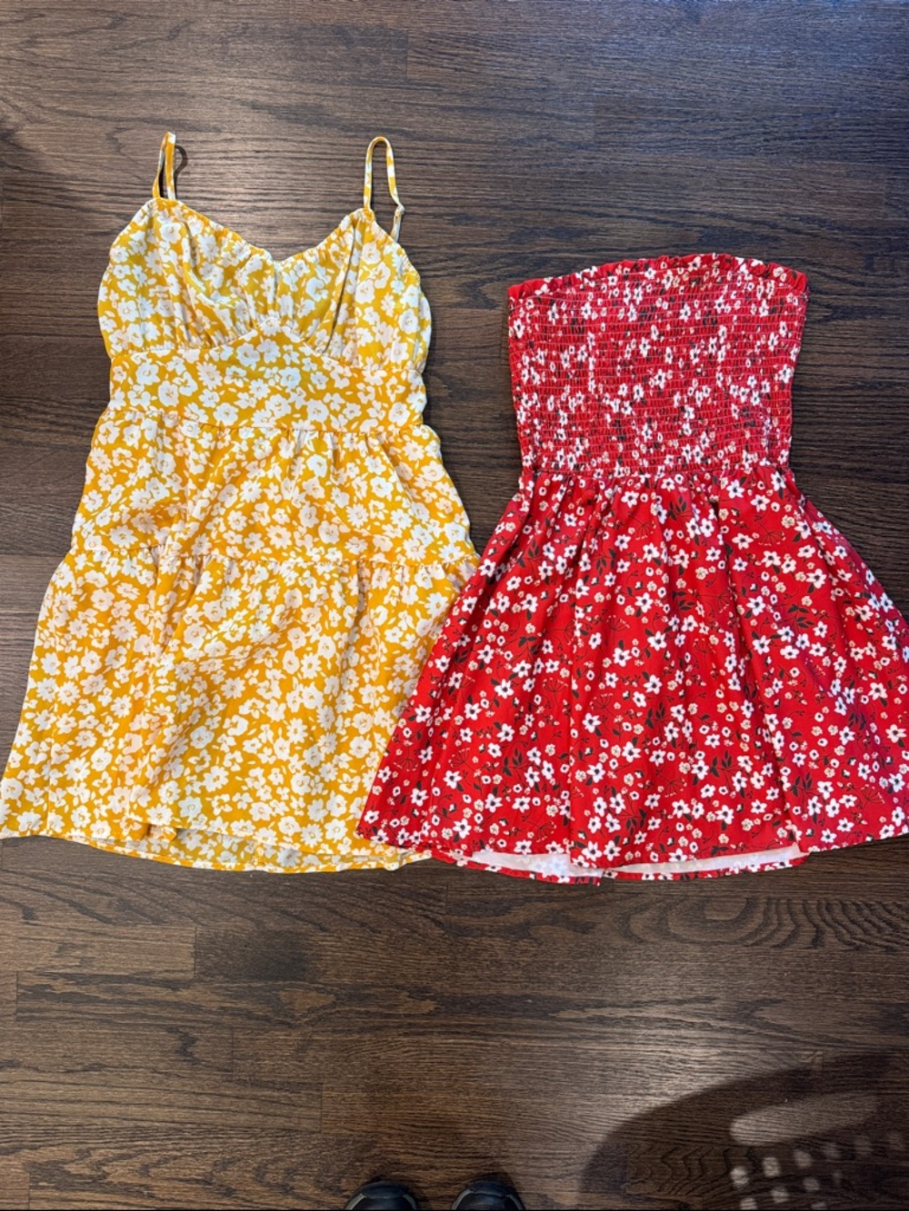 SHEIN Yellow Floral Spaghetti-Strap Mini Dress & Red Floral Strapless Mini Dress